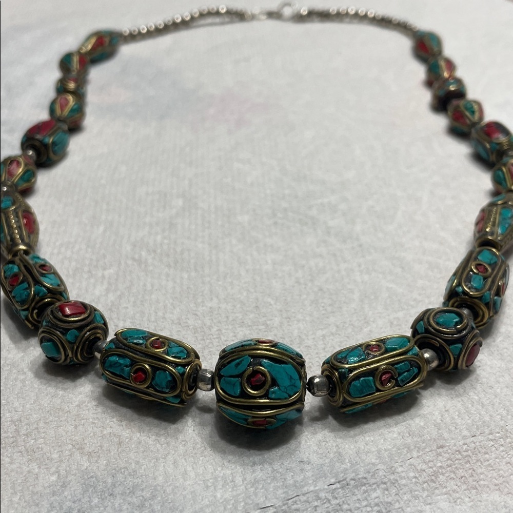 Vintage Nepali Turquoise,Coral, Lapis inland Beaded Necklace